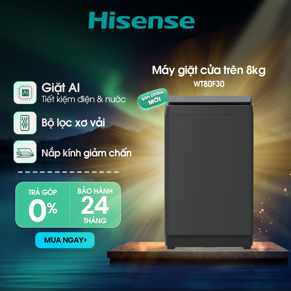 |SP MỚI 2025| Máy giặt Hisense 8kg WT80F30 Giặt AI thông minh, Bảo hành 2 năm, Giao hàng toàn quốc