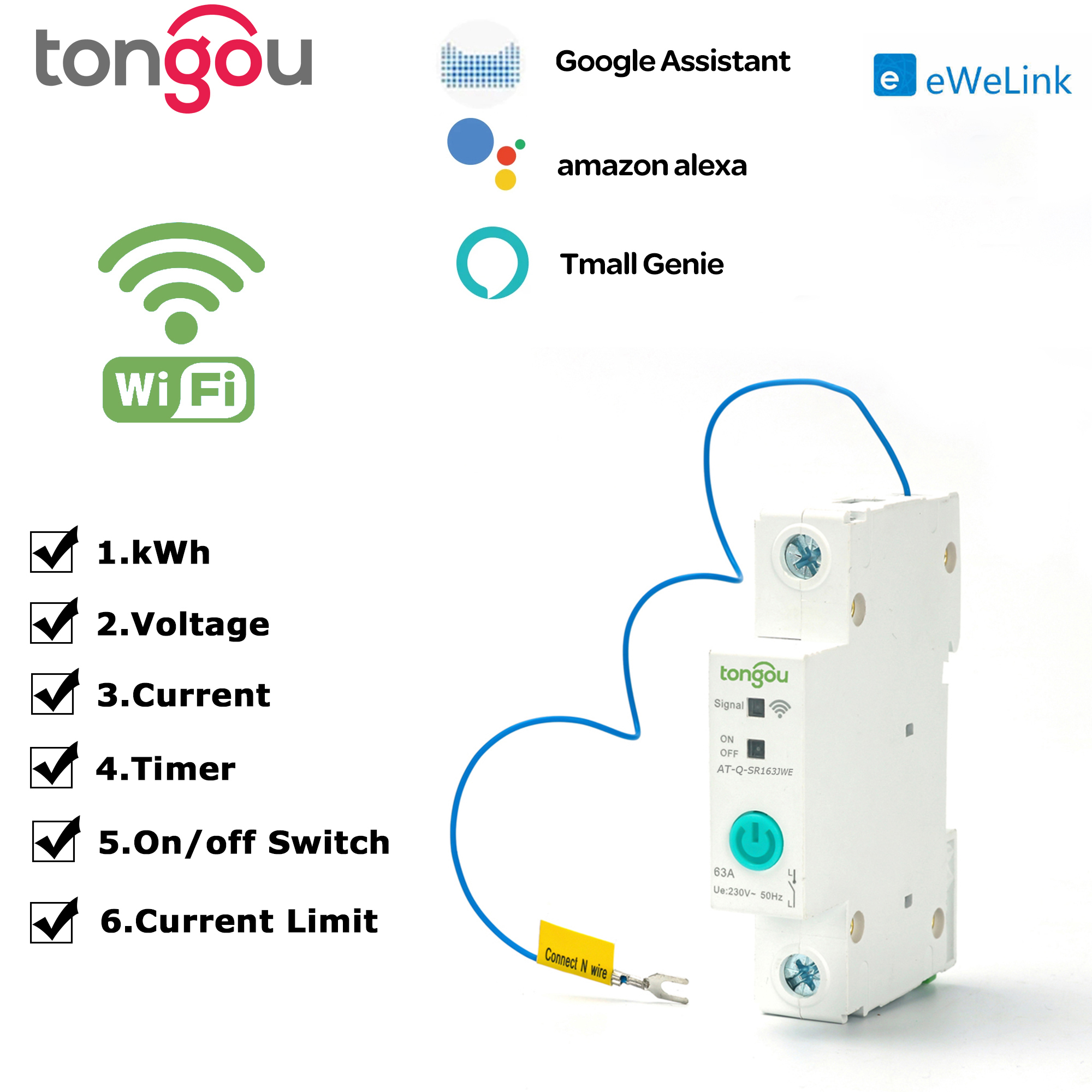 1P với Meter Din Rail wificircuitbreaker chuyển đổi thông minh điều khiển từ xa bằng EweLink ứng dụng cho nhà thông minh 63A