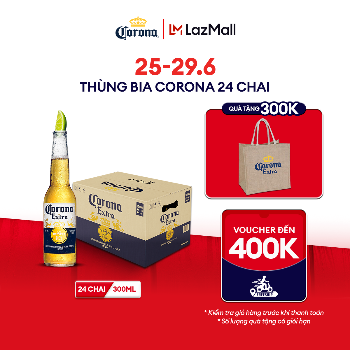 [25-29.6 VC ĐẾN 100K+FS] Thùng 24 Chai Bia Corona (300ml/chai)