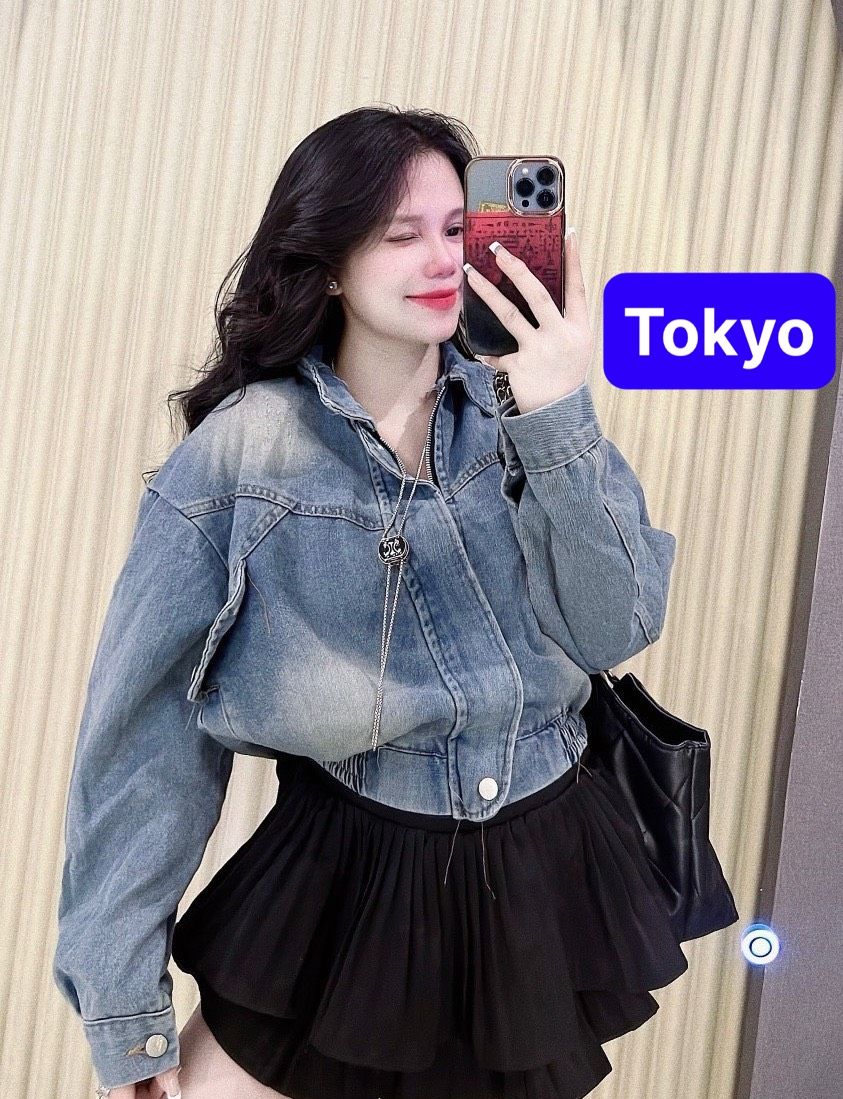 Áo khoác jean nữ chất bò rách croptop dây khóa kéo line bo thun phong cách hot trend - Tokyo Fashion