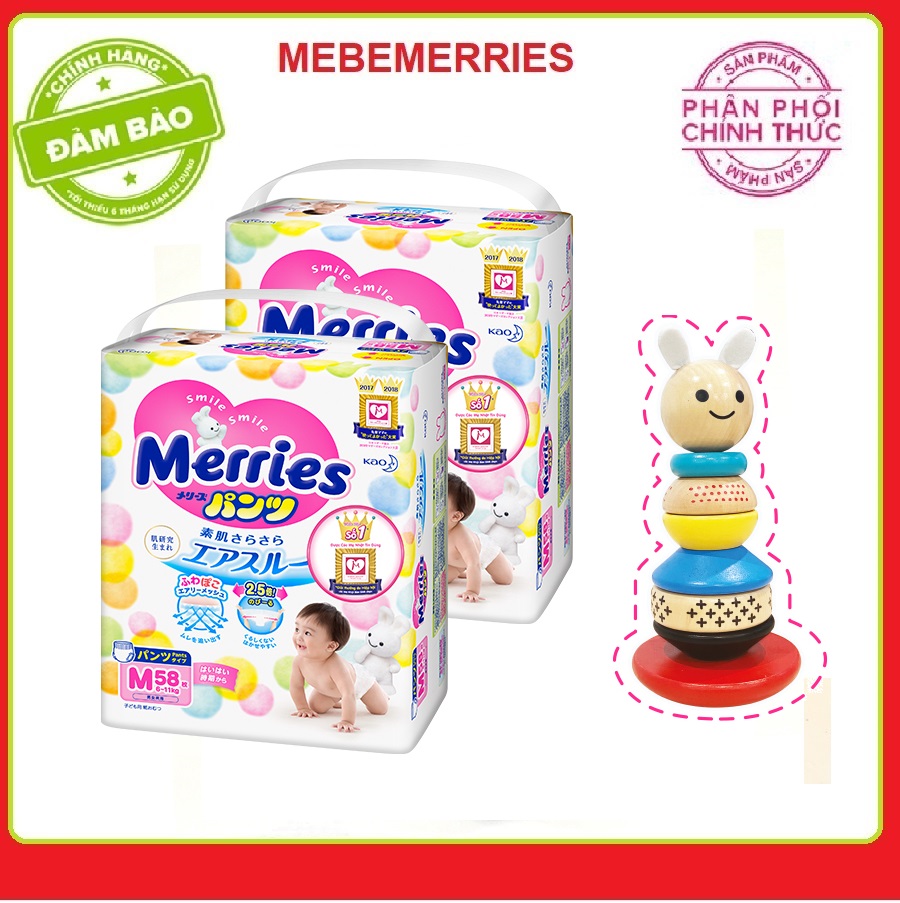 Cắt tem Mua 2 Tã/bỉm quần Merries size M - 58 miếng (Cho bé 6 - 11kg) - Tặng 1 bộ đồ chơi gỗ lật đật hình Thỏ