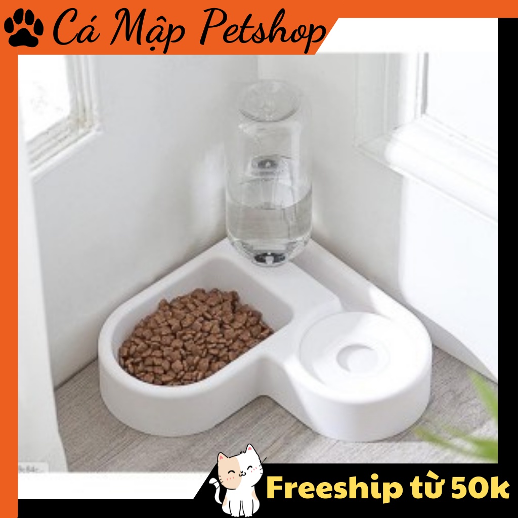 Khay ăn kèm bình nước tự động để góc tường cho thú cưng