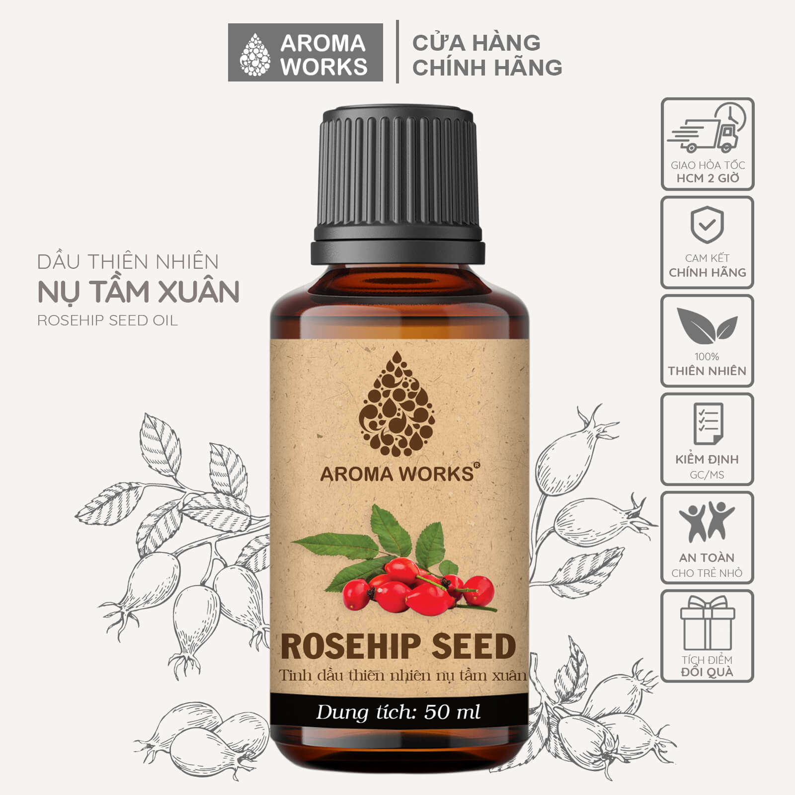 Dầu Nụ tầm xuân Aroma Works Organic Rosehip Seed Oil dưỡng da, cấp ẩm