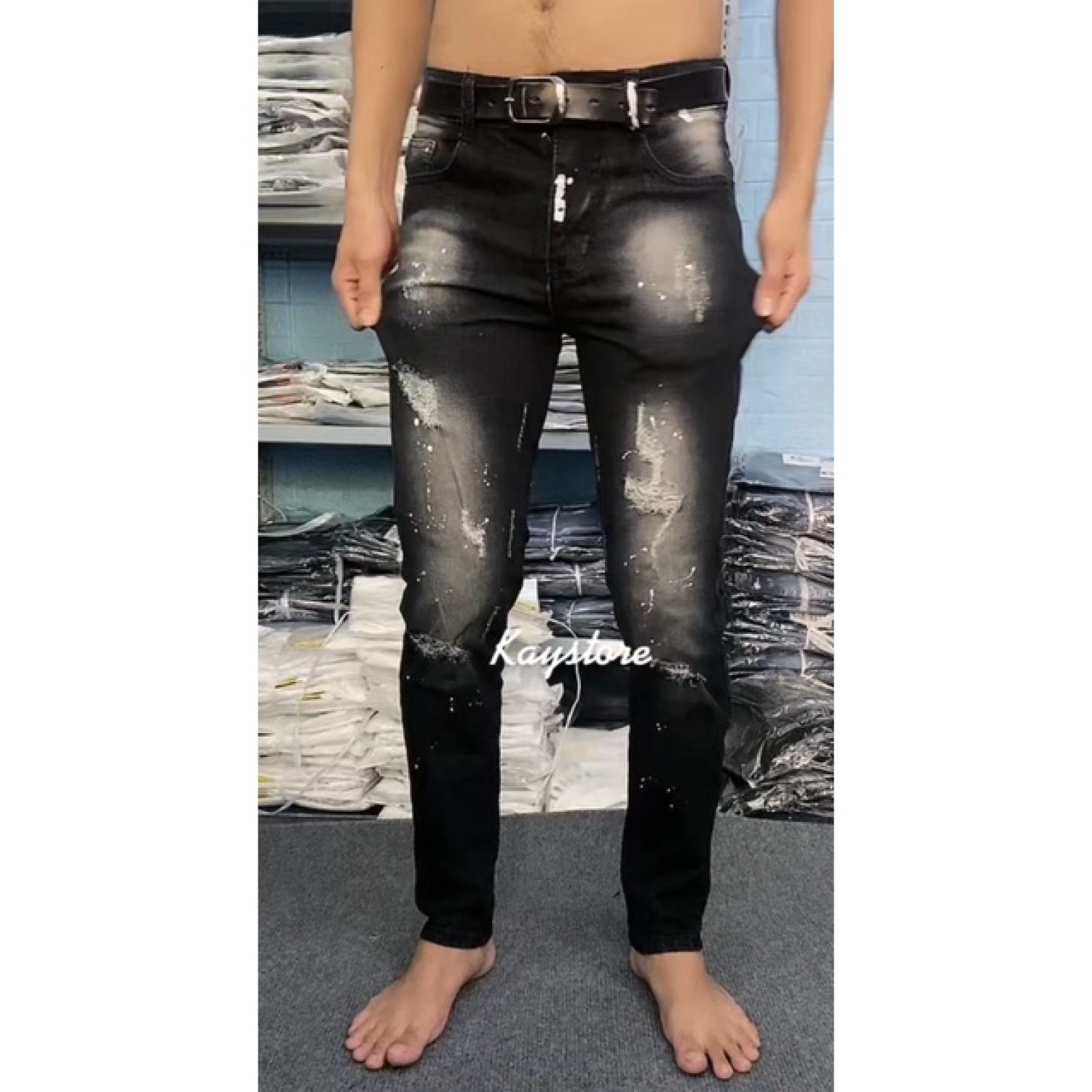 QUẦN JEAN NAM DÀI ĐEN RÁCH VẨY SƠN CAO CẤP ĐẸP MẪU MỚI,FORM SKINNY CHẤT CO GIÃN GIÁ TỐT