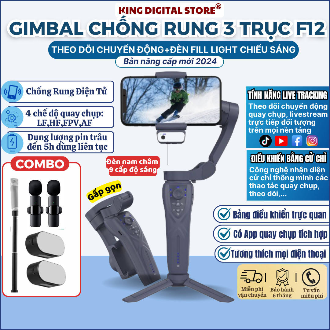 Gimball Chống Rung F12 3AXIS -Gimbal 3 Trục Chống rung - Tay Cầm Chống Rung Cho Điện Thoại Phóng To 