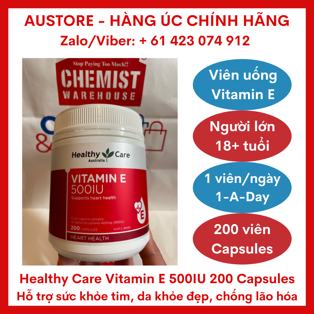 [Bill Úc, Date mới] Healthy Care Vitamin E 500IU 200 Capsules - Viên uống bổ sung Vitamin E Healthy Care hỗ trợ sức khỏe tim, giúp đẹp da & phòng chống lão hóa