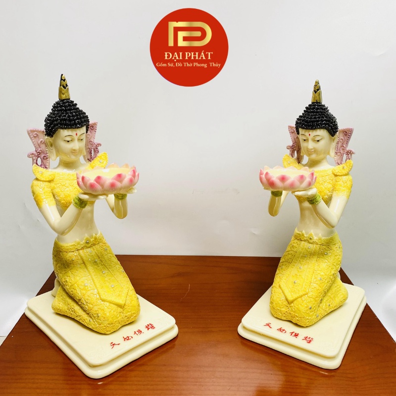 Cặp tượng cô tiên dâng nến ĐẠI PHÁT, cô tiên dâng đèn sử dụng trên ban thờ phật, thần tài, ban gia tiên - Đồ thờ gốm sứ - phong thủy