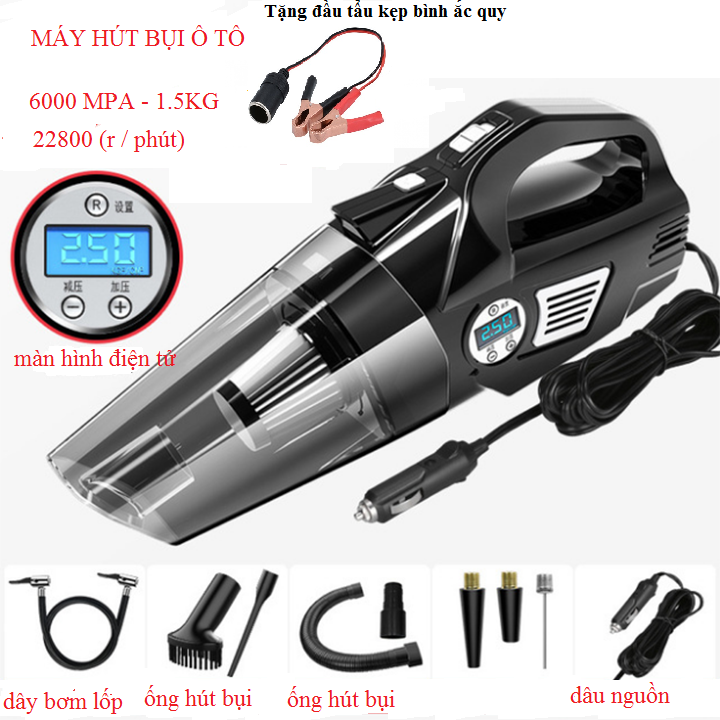 Máy bơm lốp xe hơi, ô tô mini 12V kèm hút bụi Tặng kèm tẩu kẹp bình ắc quy