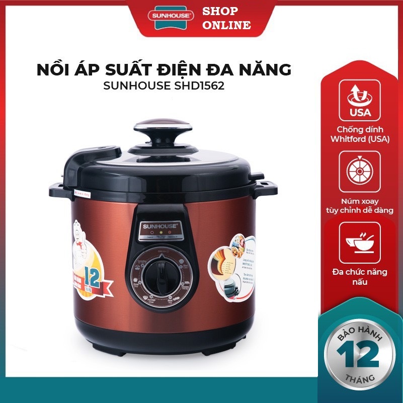 Nồi áp suất điện đa năng 6L SUNHOUSE SHD1562 màu cafe - Nồi áp suất điện sunhouse 6 lít - nồi nấu đa năng - Sunhouse shop online