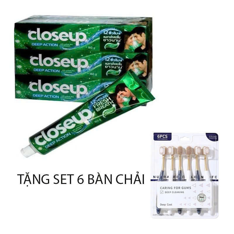 [ 5 TUÝP KEM +1 VỈ 6 BÀN CHẢI ] COMBO 5 TUÝP KEM DÁNH RĂNG CLOSEUP 160g TẶNG 1 VỈ 6 BÀN CHẢI THAN HOẠT TÍNH