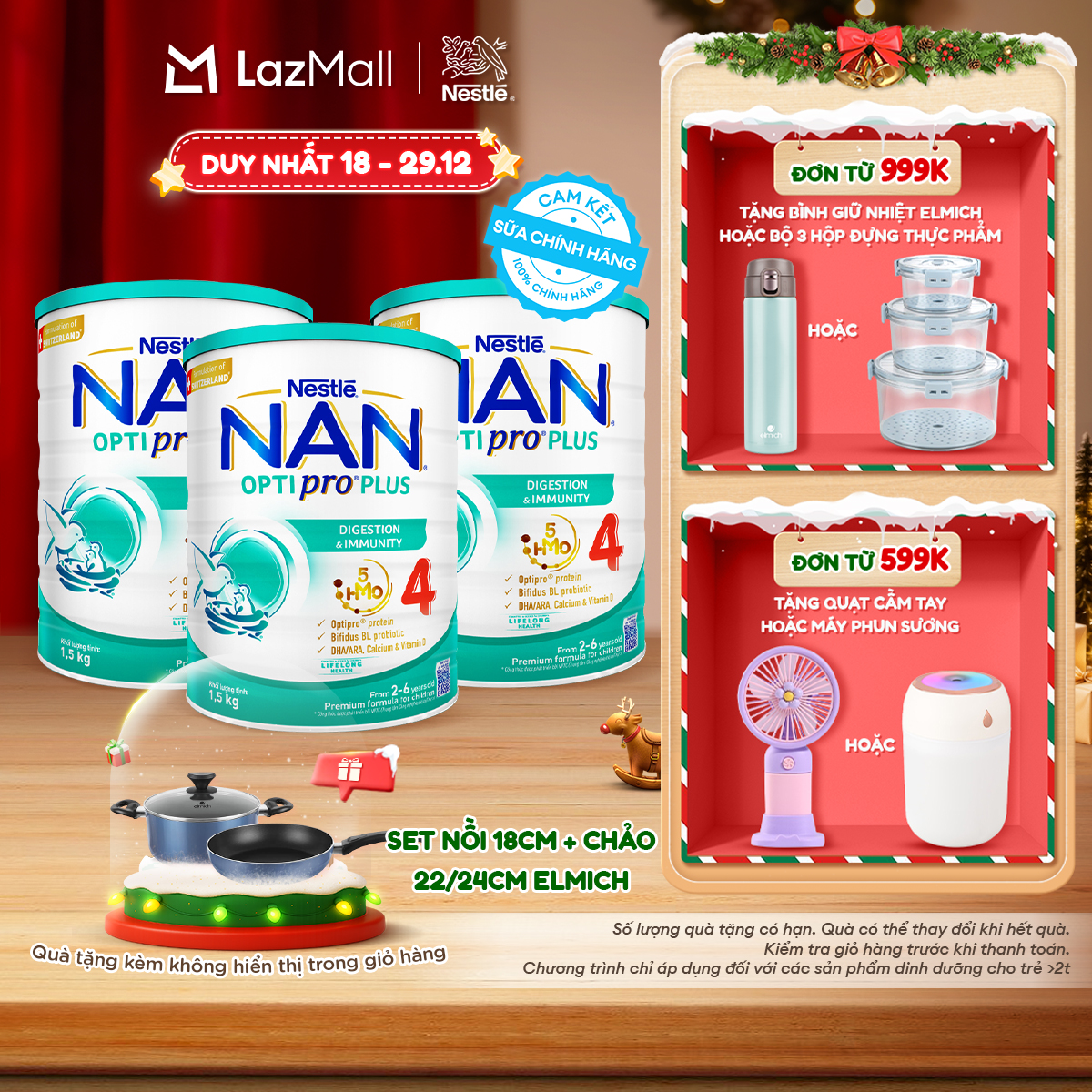 CHỈ 18-29.12 QT Đơn 599K 999K Tặng Set Nồi Chảo Elmich Bộ 3 lon Sữa Bột Nestlé NAN OPTIPRO PLUS 4 1500g Cho Bé 2 - 6 Tuổi: Công Thức Độc Quyền Nhập Khẩu Từ Thụy Sỹ Chứa Phức Hợp 5-HMO