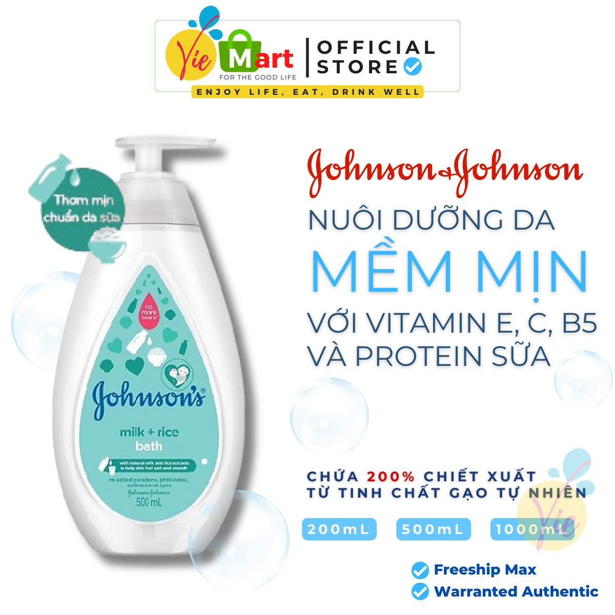 Sữa tắm Johnson's Milk Rice Bath chiết xuất sữa gạo dưỡng ẩm da mềm mại cho da bé