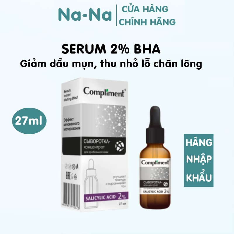 Serum BHA 2% Compliment giúp làm sạch da, kiềm dầu, giảm mụn, sợi đầu đen, bã nhờn trên da