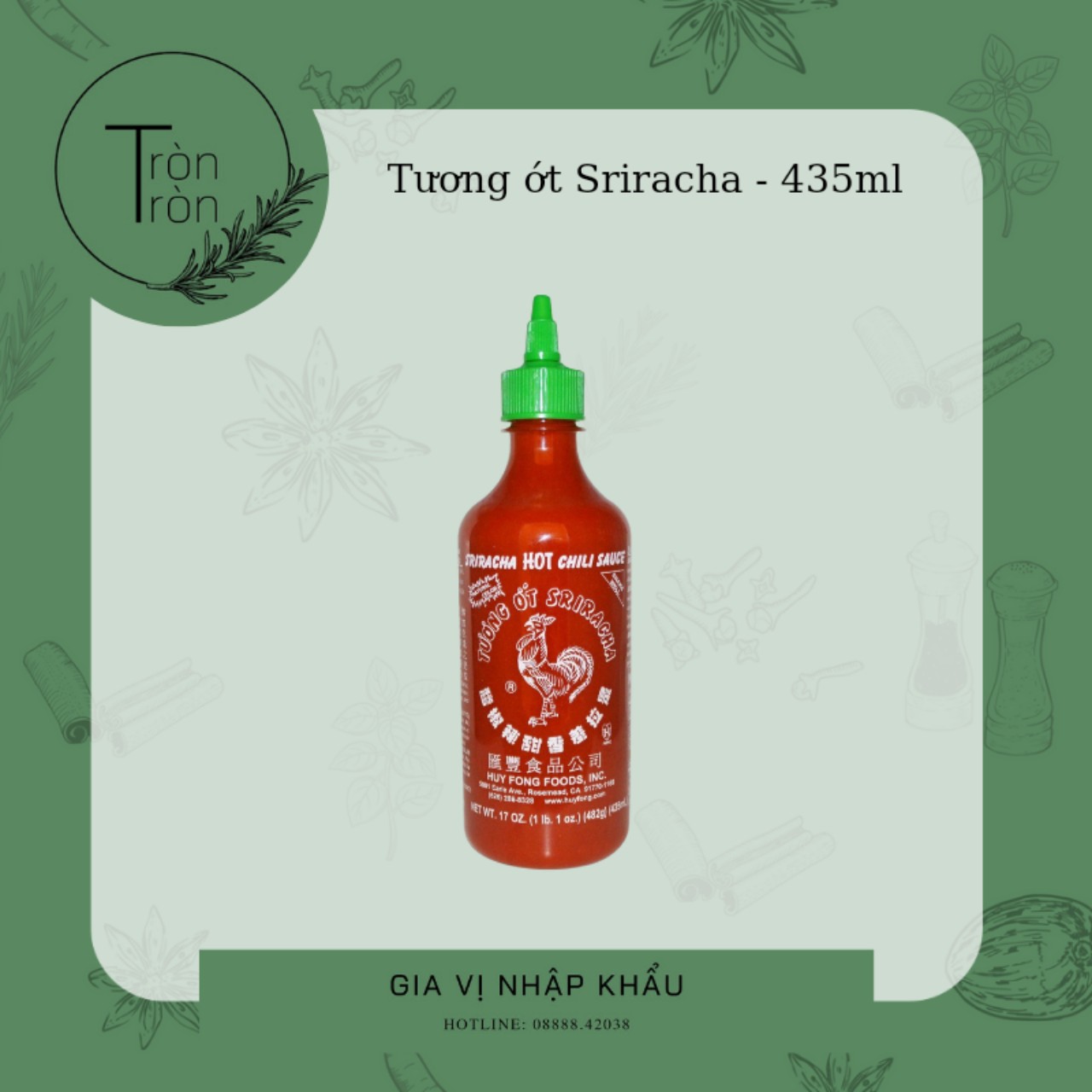 Tương ớt Sriracha con gà Huy Fong Mỹ - 435ml siêu cay không calo giảm cân ăn phở kfc chấm thịt nướng thơm ngon