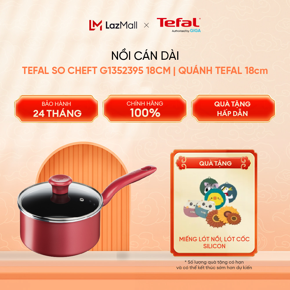Nồi cán dài tefal so chef g1352395 18cm | quánh tefal 18cm | có nắp, chống dính titanium | dùng cho bếp ga, bếp hồng ngoại, bếp từ