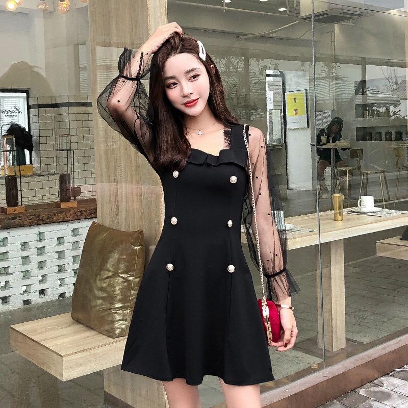 Đầm xòe đính nút tay phối ren  dịu dàng nữ tính cho các nàng tự tin tỏa sáng / Có 4 size ( Cam kết y hình - bao đổi trả )