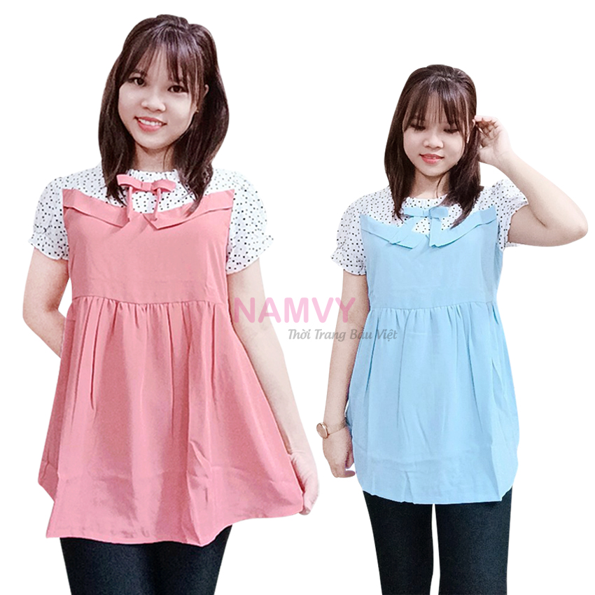 Áo bầu tay phồng cổ viền bèo phối nơ lụa cát đẹp mát - Áo bầu công sở