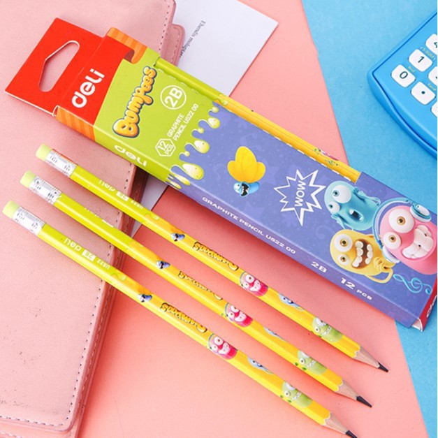 HỘP 12 BÚT CHÌ 2B DELI HOẠT HÌNH BUMPEES U52200 KÈM ĐẦU TẨY- MC012