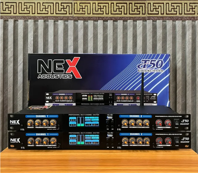 Máy Nâng Tiếng Karaoke NEX ACOUTICS T50 Tích Hợp Chíp Sử Lý Âm Thanh Thế Hệ Mới Nâng Tiếng Bass Treble Mạnh Mẽ Rõ Ràng Âm Thanh Sáng Cực Hay . Kết Nối Bluetooth Cổng Quang USB AV Canon Cổng SUB Riêng Biệt