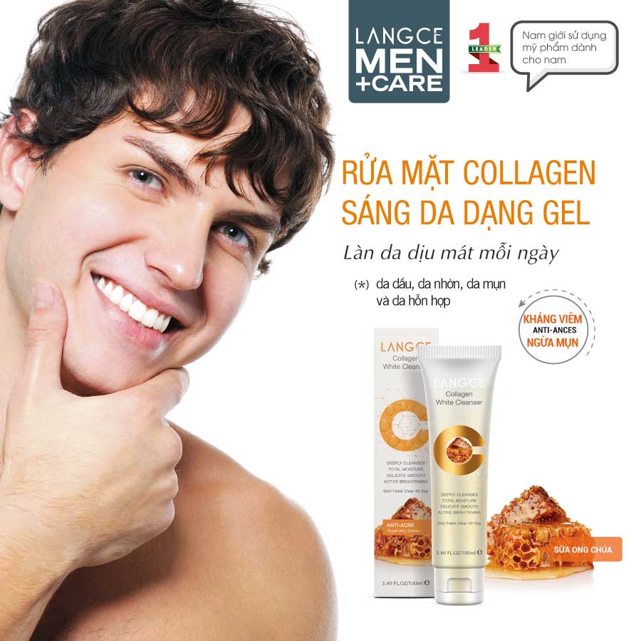 LANGCE GEL RỬA MẶT COLLAGEN+ ĐẸP DA 100ml - SỮA ONG CHÚA - NGỪA MỤN cho Nam