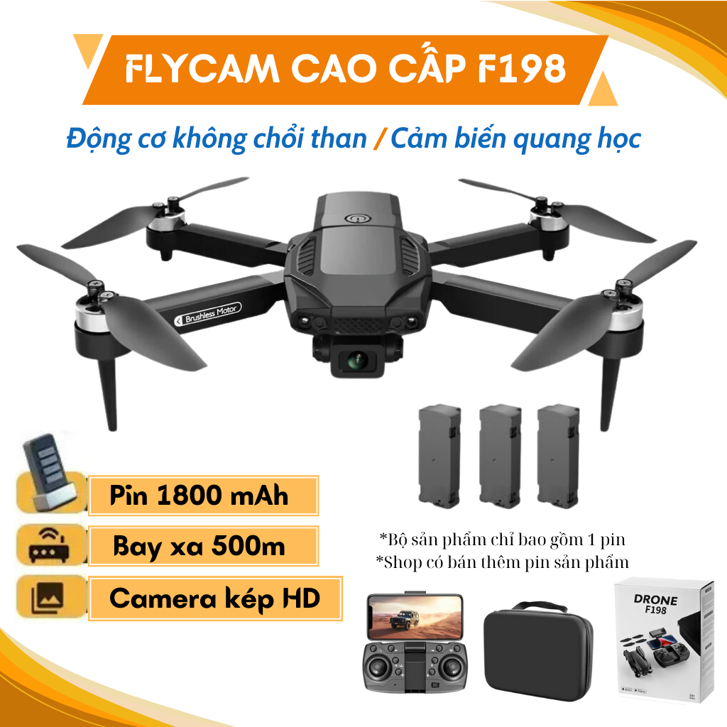 Flycam mini giá rẻ F198 - Máy bay flycam điều khiển từ xa camera HD - Fly cam có động cơ không chổi than, cảm biến tránh va chạm