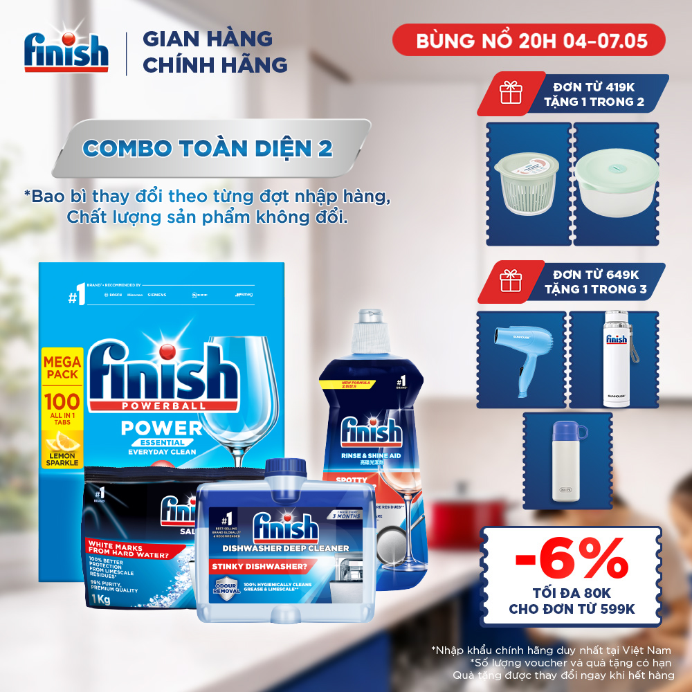 Combo Finish toàn diện 2: Hộp 100 Viên Rửa Bát Essential + Nước Làm Bóng Finish 500ml + Muối Rửa Chén Finish Salt túi 1kg + Dung dịch vệ sinh máy