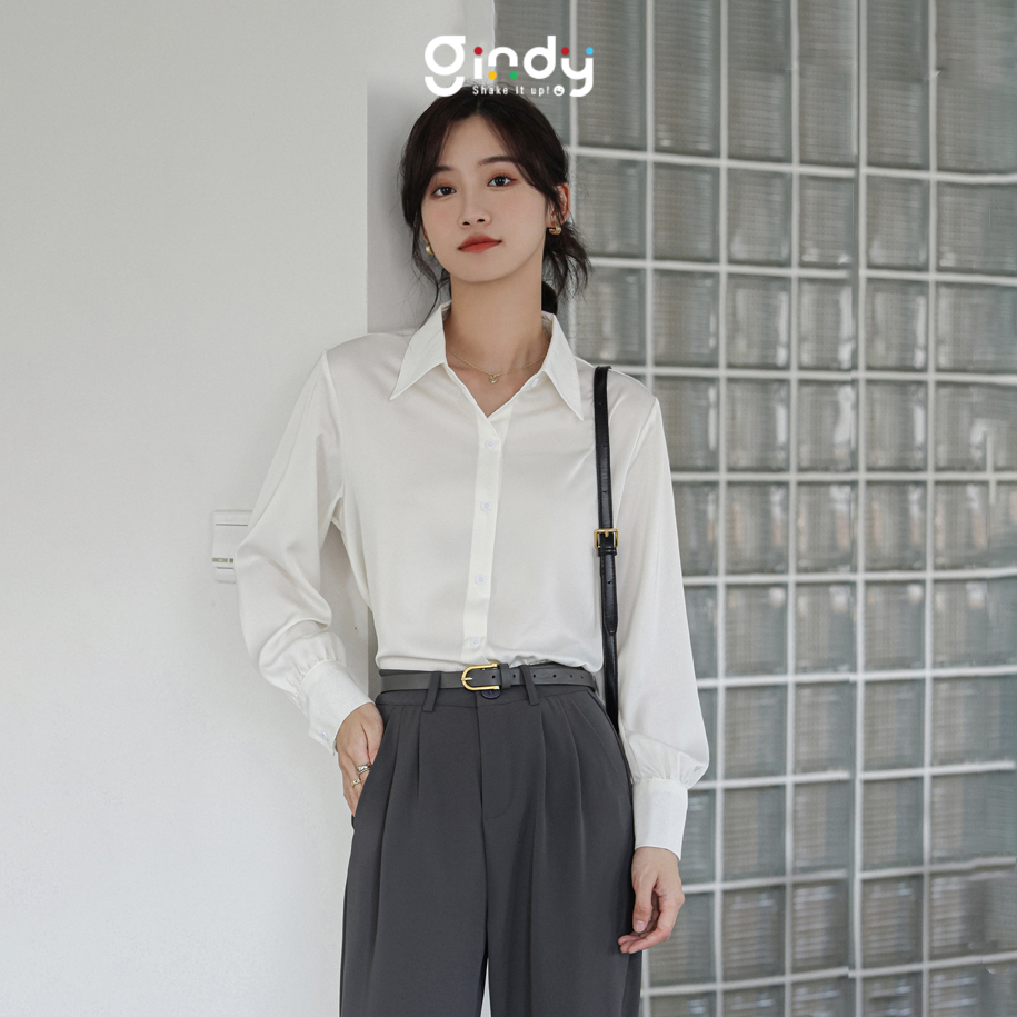 Áo sơ mi nữ basic GINDY áo sơ mi công sở vải lụa tay dài sơ mi cổ bẻ dáng suông thời trang Hàn Quốc thích hợp đi làm, đi chơi A030