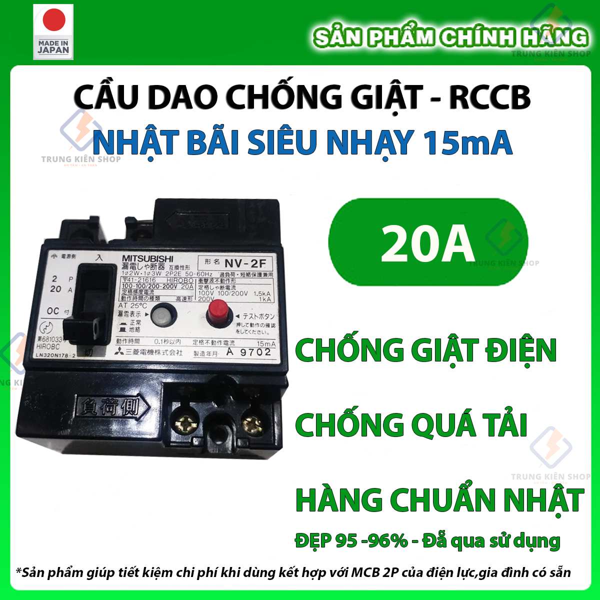 [HÀNG XỊN NỘI ĐỊA NHẬT - NEW 95%] Cầu dao Chống Giật Nhật Bản MITSUBISHI - FUJI - TOSHIBA - HITACHI- MADE IN JAPAN 15A-20A-30A - 15mA siêu nhạy - test giật trực tiếp - Hàng Tốt -  Bảo Hành 12 tháng