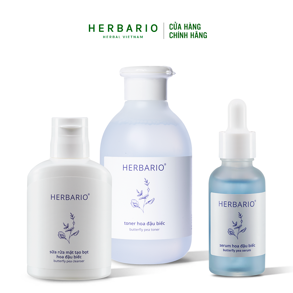 Bộ 3 cơ bản cấp ẩm, phục hồi, ngăn ngừa lão hóa da Hoa đậu biếc Herbario: Sữa rửa mặt 100ml + Toner 200ml + Serum 30ml