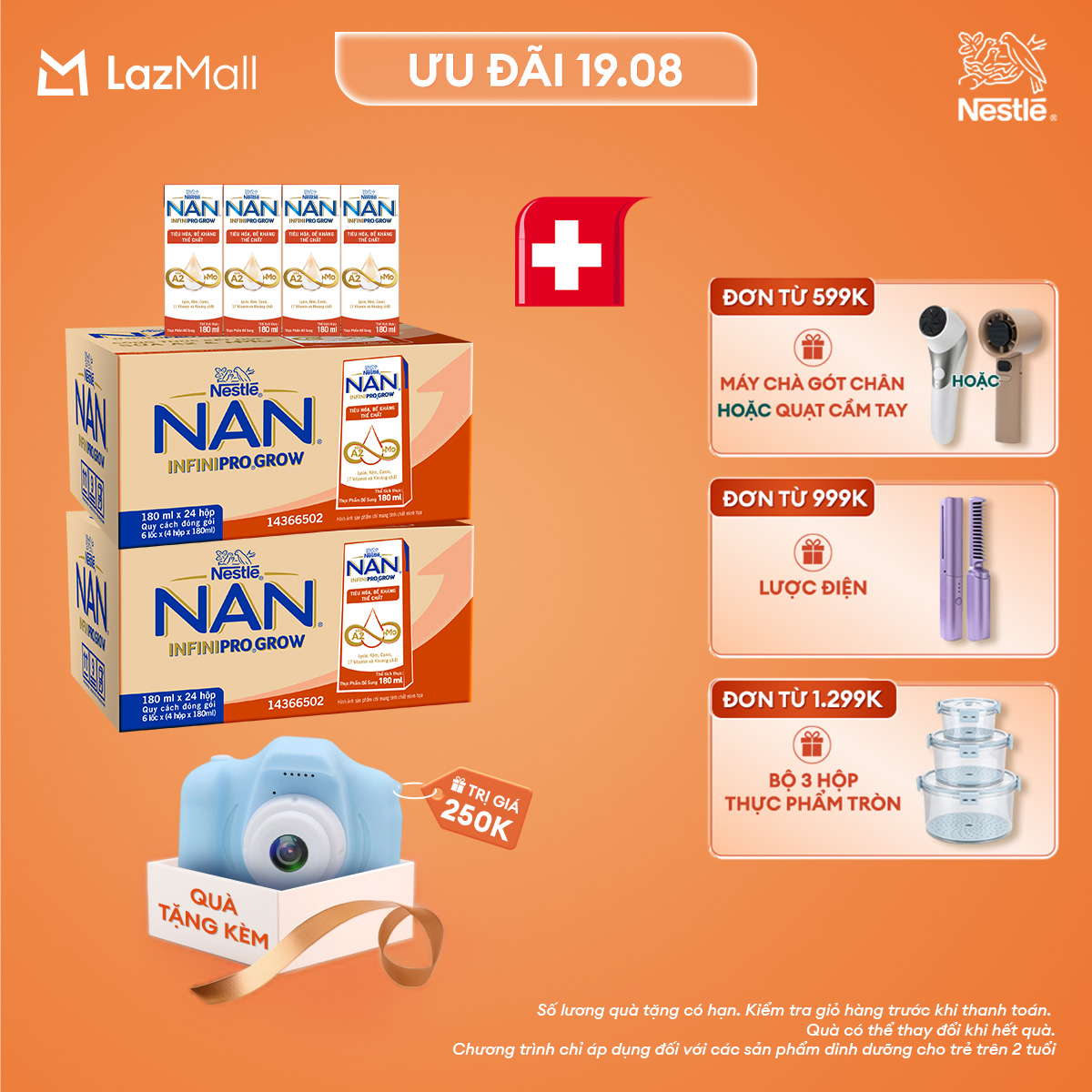 [CHỈ 19.08 QT ĐƠN 599K/999K/1299K][Tặng máy chụp ảnh] Combo 2 Thùng 24 hộp sữa pha sẵn Nestle NAN INFINIPRO GROW với công thức vượt trội kết hợp sữa A2 và HMO hỗ trợ tiêu hóa, đề kháng và phát triển thể chất (4x180ml)