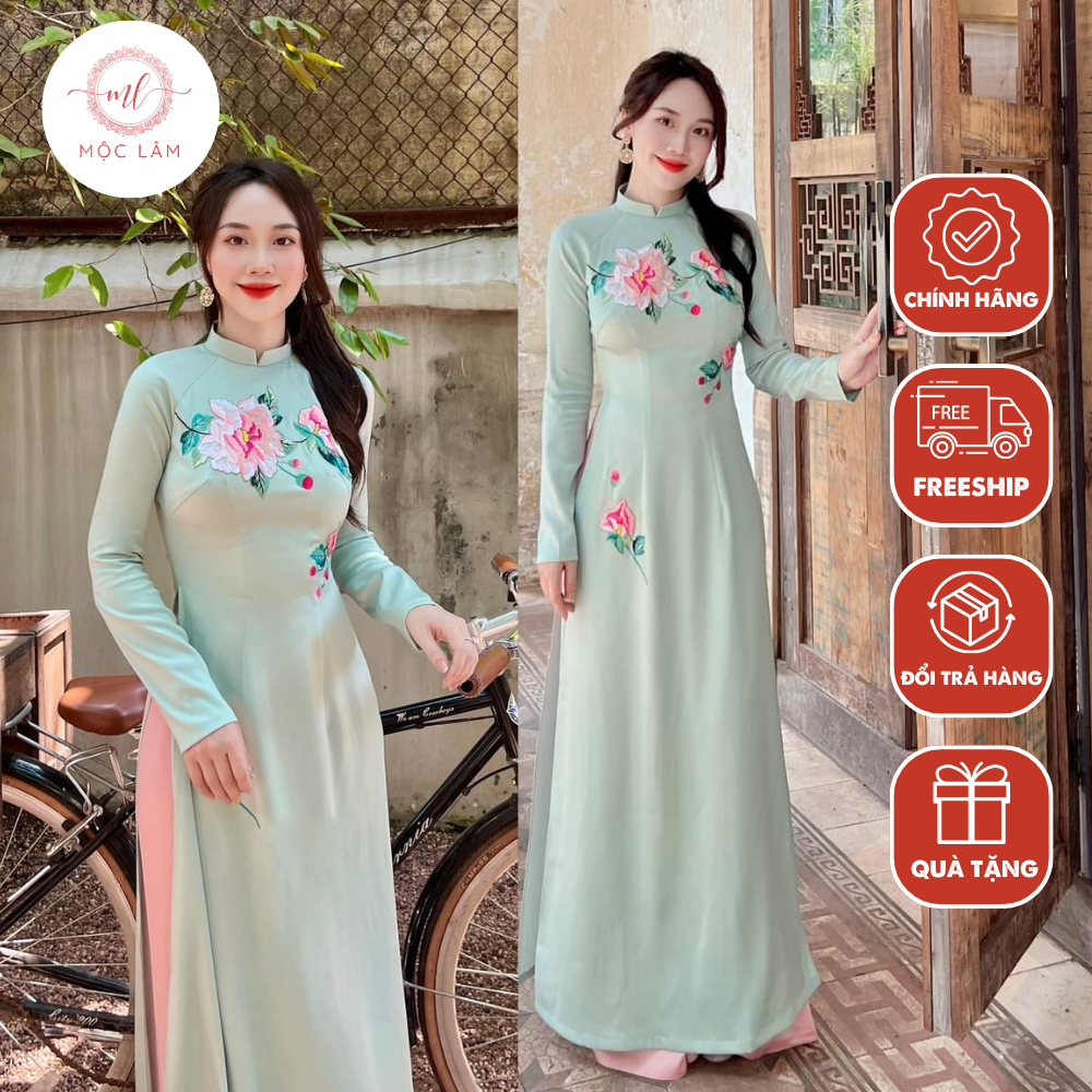 Áo dài nữ dài tay thêu hoa chất liệu lụa mỹ cao cấp - AD27