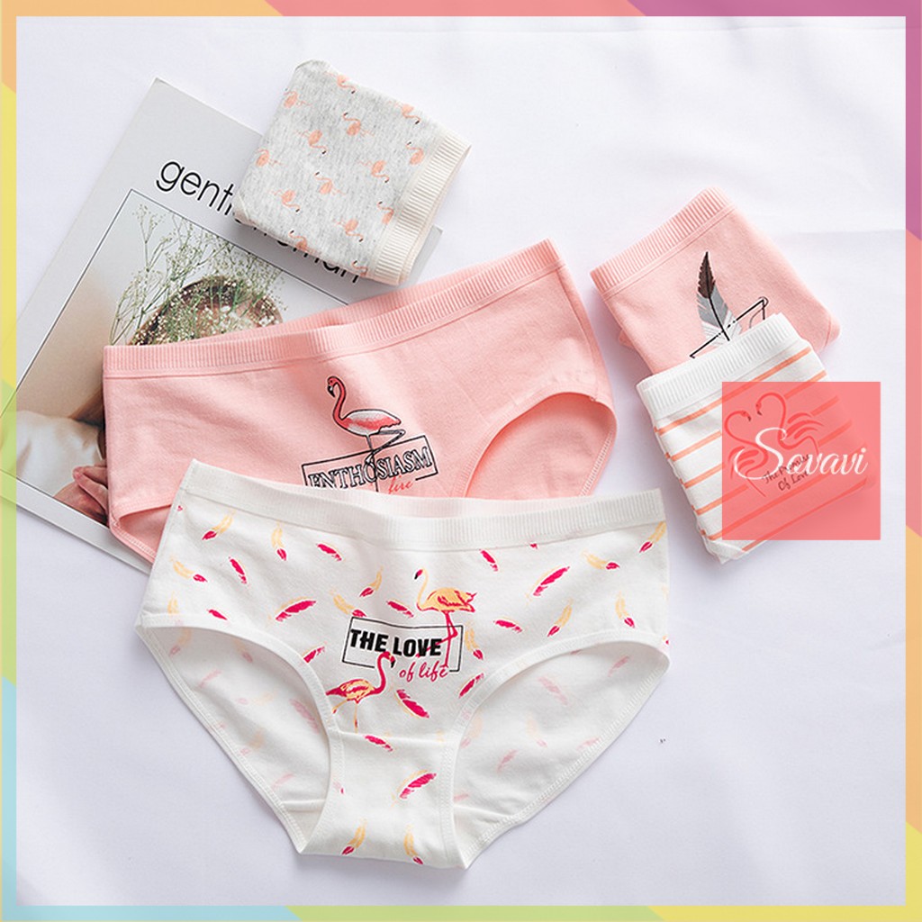 Sét 5 quần lót dễ thương cotton họa tiết hồng hạc Sovavi QLS011