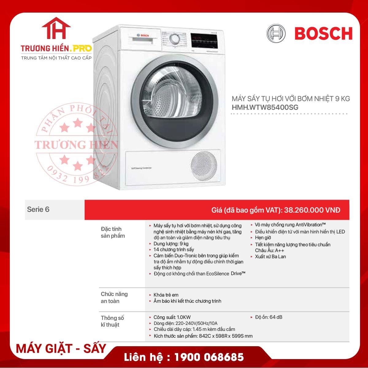 MÁY SẤY TỤ HƠI VỚI BƠM NHIỆT BOSCH WTW85400SG Bosch- Hàng Chính Hãng