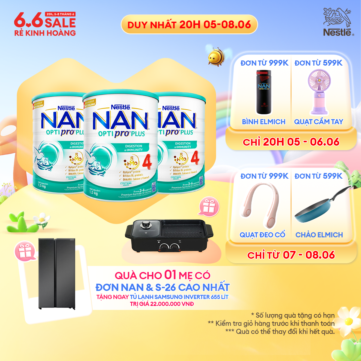 [CHỈ 20H 05-08/06 QT ĐƠN 599k/999k][Tặng Lẩu nướng 2 in 1] Bộ 3 Lon Sữa bột Nestlé NAN OPTIPRO PLUS 