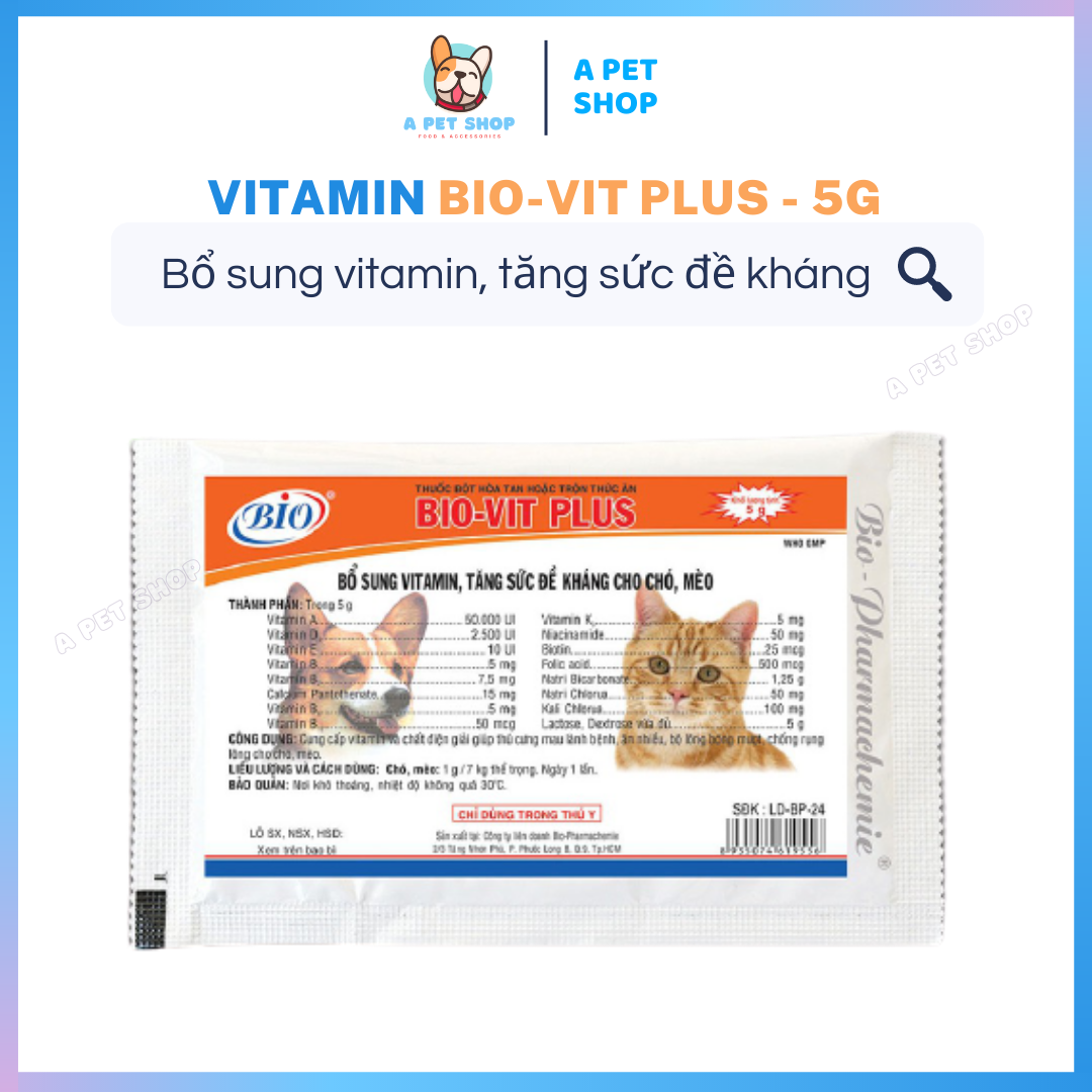 Vitamin cho chó mèo Bio Vit Plus gói 5g giúp chó mèo ăn nhiều, mượt lông, chống rụng lông  - a pet shop