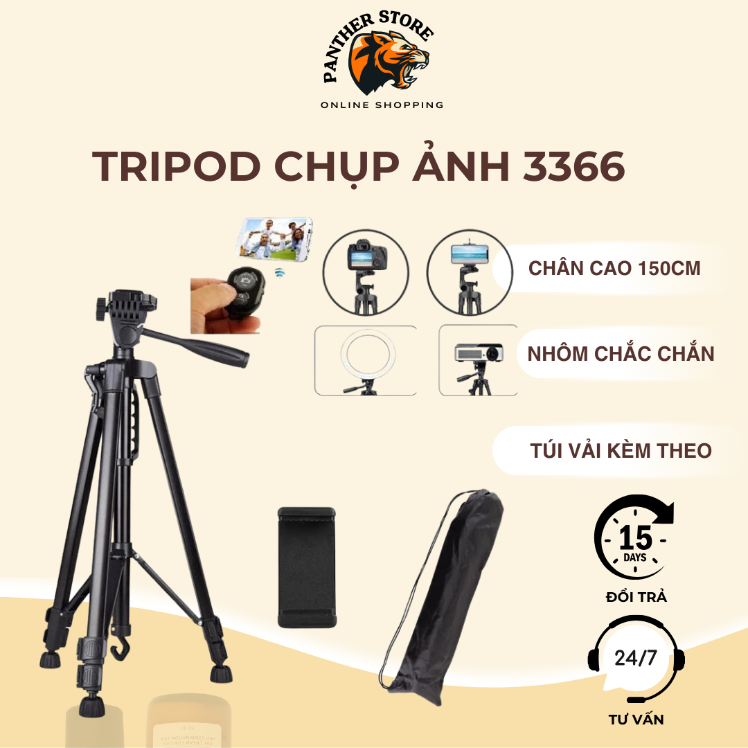 Gậy chụp ảnh tripod 3366 cho điện thoại và máy ảnh , cao 150cm tháo lắp dễ dàng tiện dụng