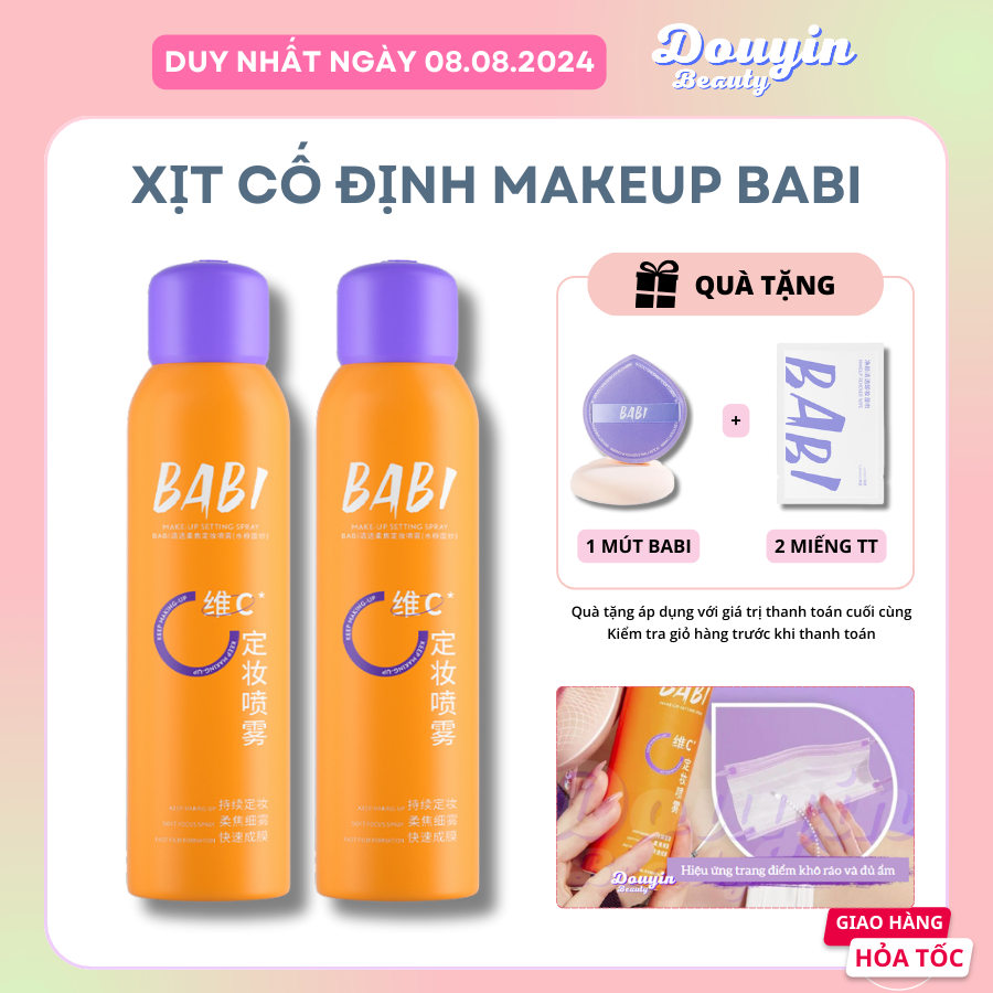 Chai xịt khóa lớp trang điểm babi dưỡng ẩm kiềm dầu chống thấm nước 100ml xịt khoáng nhũ khóa makeup vitamin c - douyin
