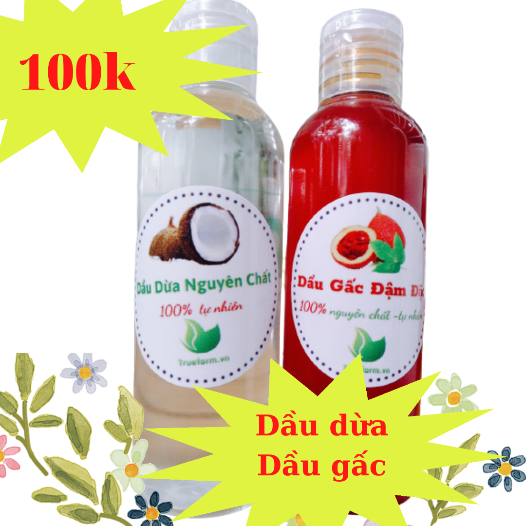 [COMBO100K] Dầu gấc đậm đặc + Dầu dừa nguyên chất đặc biệt Truefarm, hàm lượng dinh dưỡng cao, Dưỡng da, dưỡng môi cực tốt và an toàn nhiều vitamin A, E, DHA giúp phát triển trí não bé
