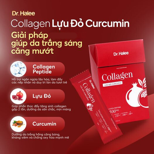 Hộp 10 gói nước uống collagen lựu đỏ curcumin dr halee 15ml giúp da trắng hồng, chống lão hóa, hệ tiêu hoá khỏe