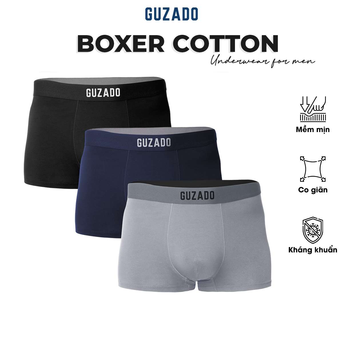 COMBO 3 Quần lót nam dáng Trunk thun cotton kháng khuẩn mềm mịn GBX01 - thương hiệu GUZADO