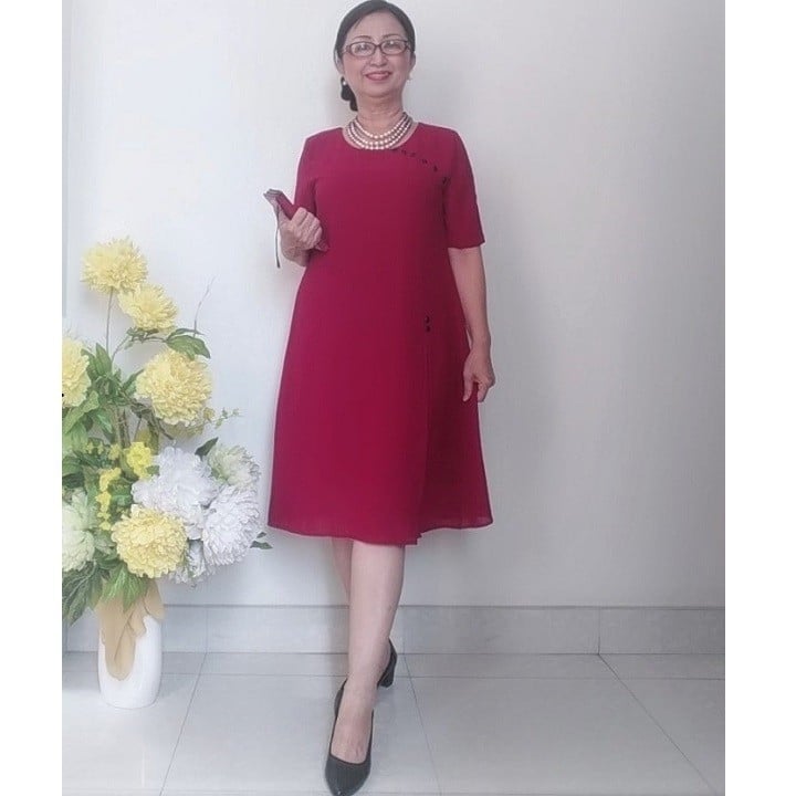 Đầm trung niên vải voan chiffon - form a che bụng - 2 lớp có dây kéo.
