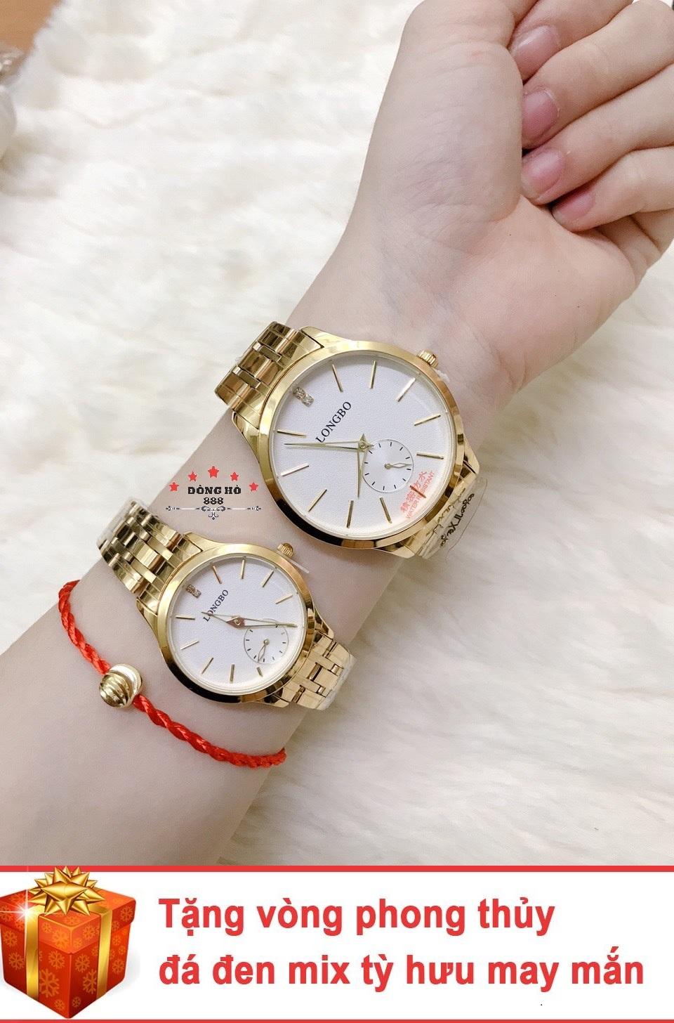 Cặp Đồng hồ đôi nam nữ Longbo dây kim loại thời thượng ( dây vàng mặt trắng có kim rốn ) - TẶNG 1 vòng tỳ hưu phong thuỷ