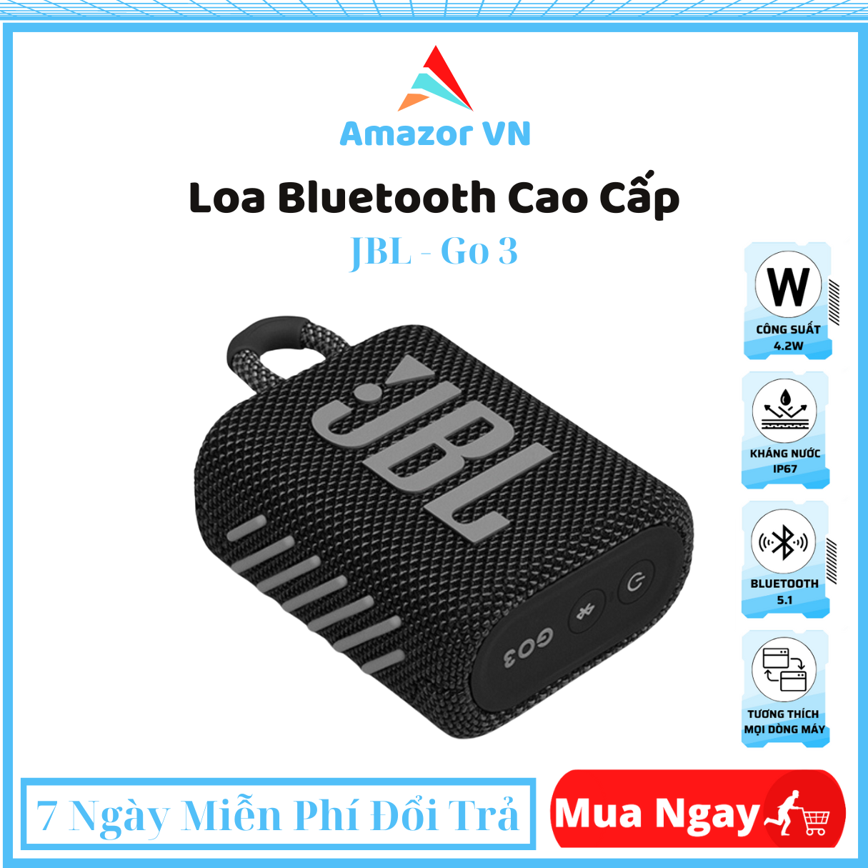 Loa Bluetooth JBL GO 3 , Âm Bass Mạnh Mẽ , Loa Nghe Nhạc Chống Bụi Chống Thấm Nước Chuẩn IP67 Công Suất Lớn 4.2W , Thiết Kế Nhỏ Gọn .