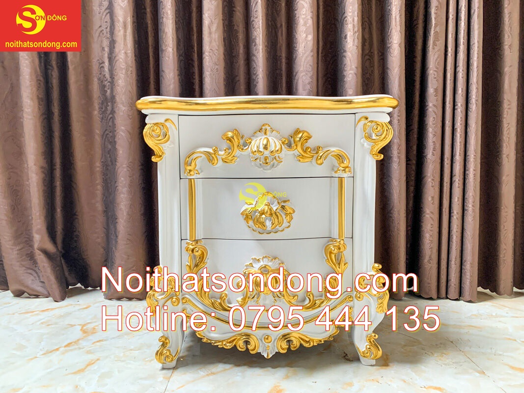 Tủ đầu giường Hoàng gia cổ điển sơn trắng dát vàng VIP – TDG029D