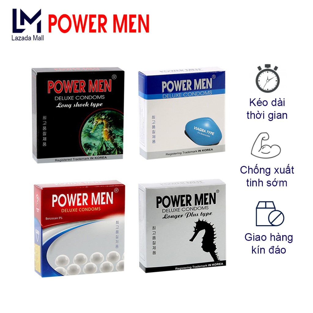 Bao cao su gân gai Powermen 52mm, kéo dài thời gian quan hệ, nhiều gel bôi trơn - Hộp 3 chiếc