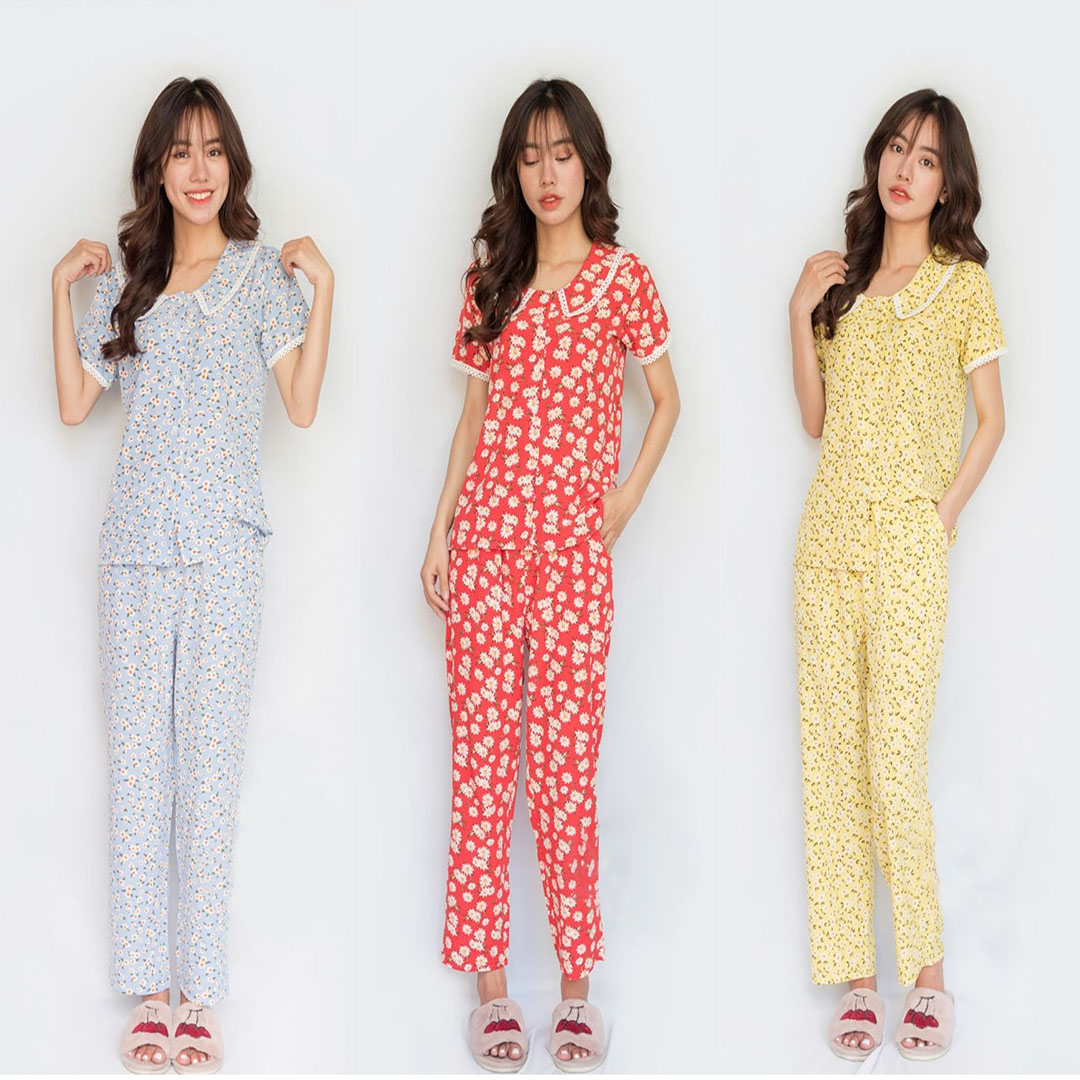 Đồ bộ nữ mặc ở nhà quần dài tay ngắn hoa nhí lụa 100D mềm mát