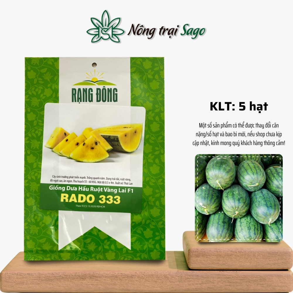 Hạt giống Dưa Hấu Ruột Vàng Rado 333 trồng quanh năm, vỏ mỏng, ngọt, hiệu Hạt giống Rạng Đông - Nông Trại Sago