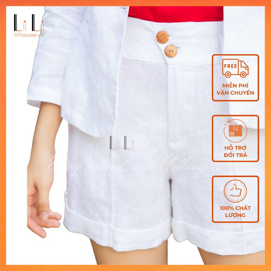 Quần short đùi nữ màu trắng bản lưng cao công sở chất vải linen dày tự nhiên không pha trộn hóa học co giãn cao cấp