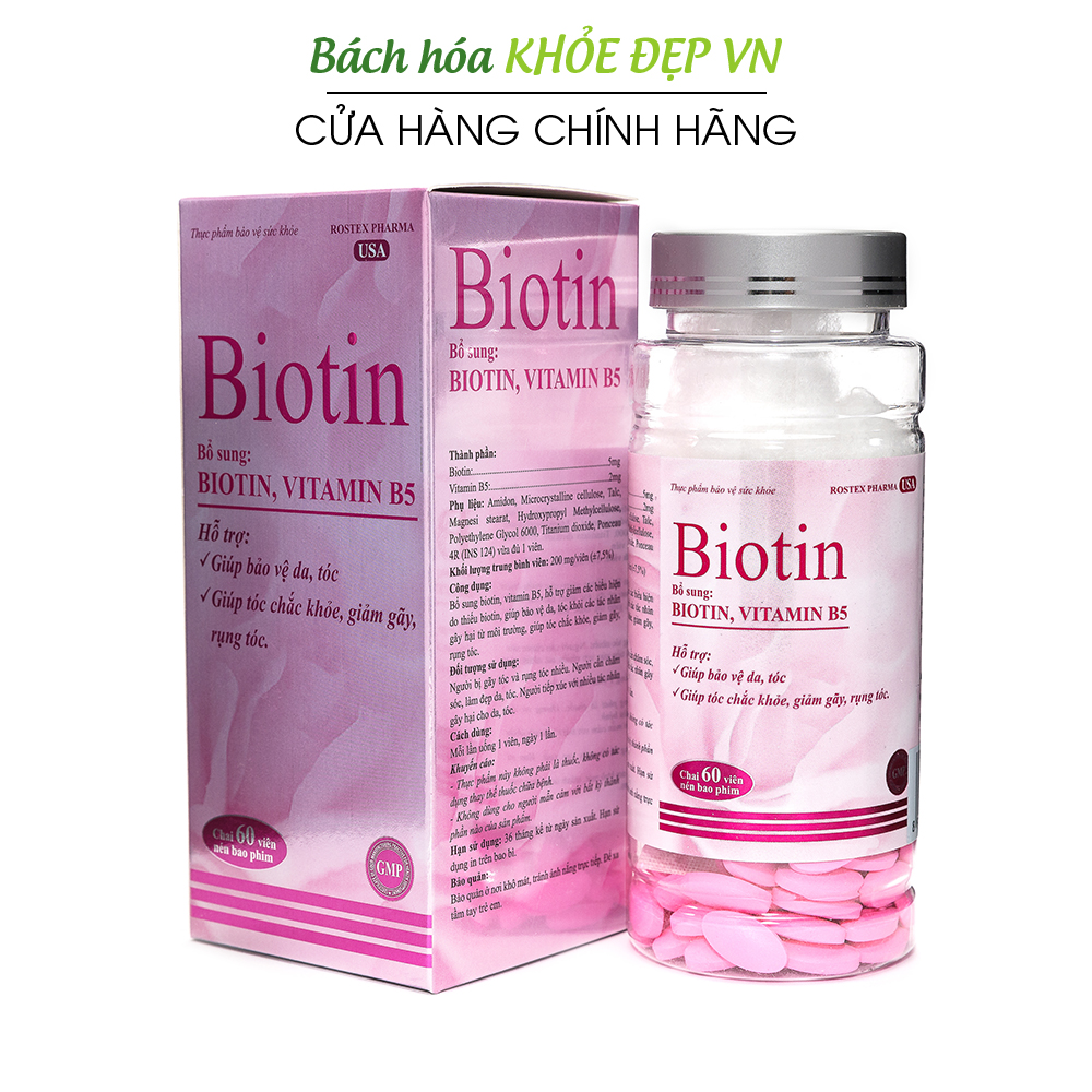 Viên uống bổ sung Biotin, Vitamin B5 giúp tóc chắc khỏe, giảm gãy rụng tóc, bảo vệ da tóc - Chai 60 viên