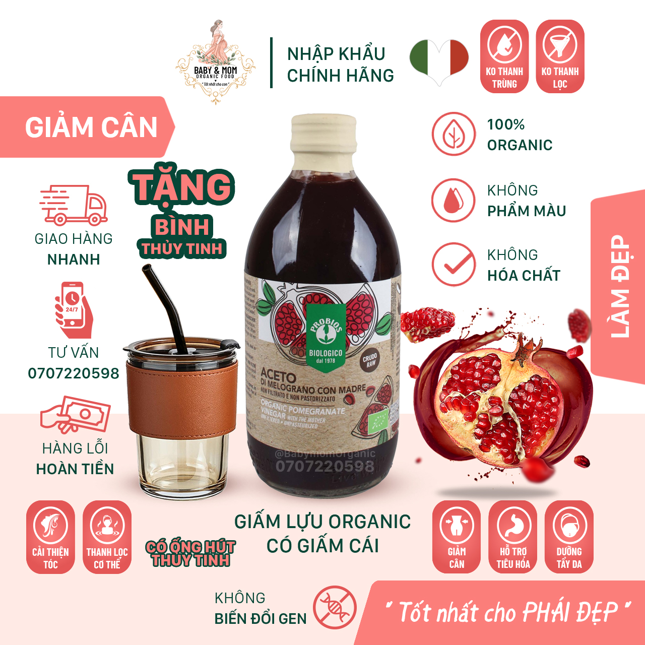 Giấm lựu hữu cơ có giấm cái 500ml probios organic